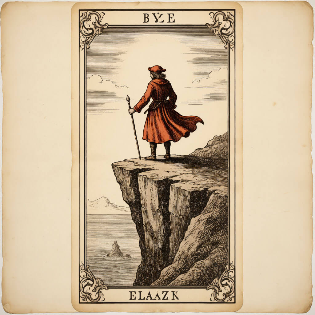 Tarotová karta Blázen (0) z Marseille balíčku s postavou putujícího člověka na okraji srázu, vintage ilustrace na starém papíře s terakotovými detaily